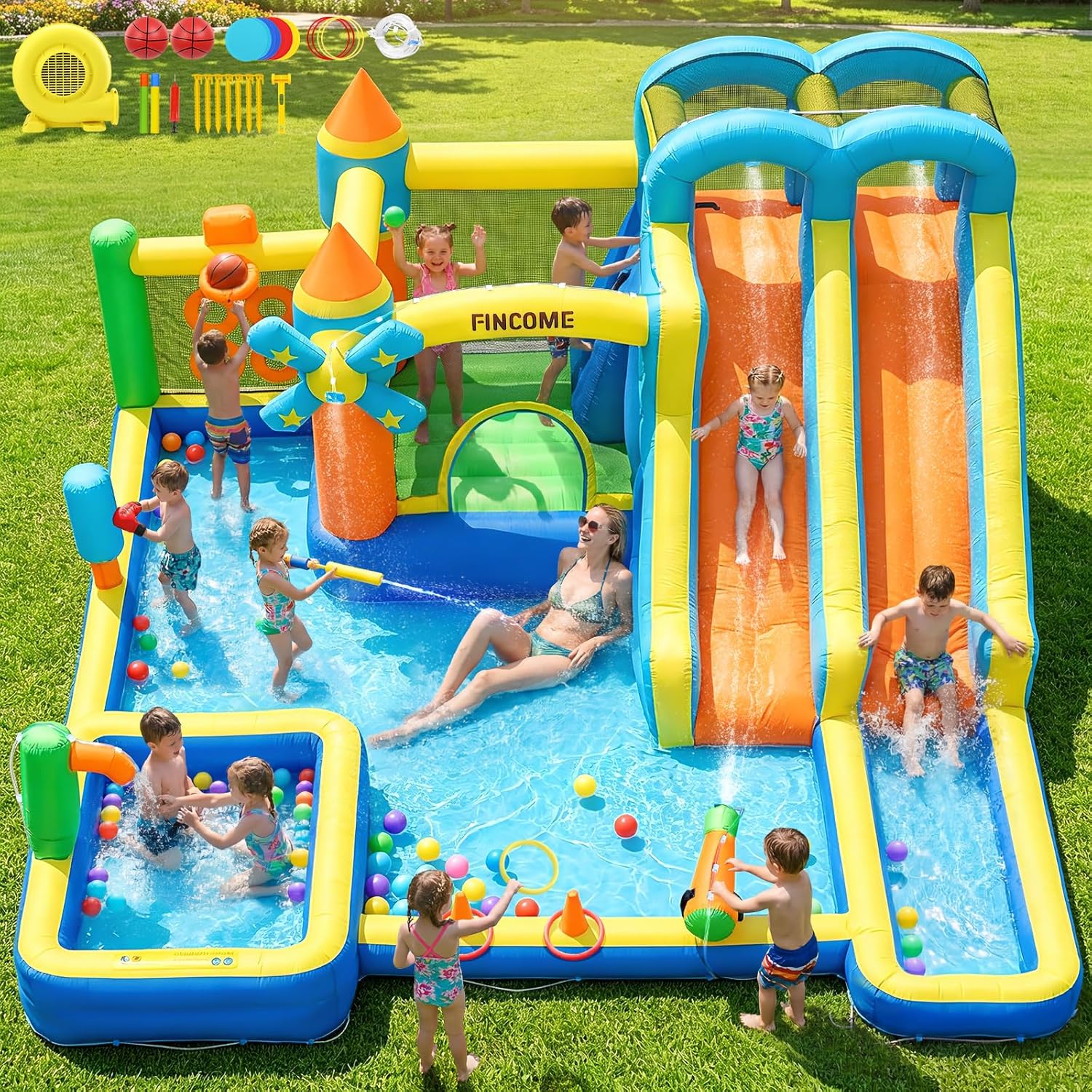Kids Outdoor Water Slide - Castello Gonfiabile 10-in-1 con Doppio Scivolo
